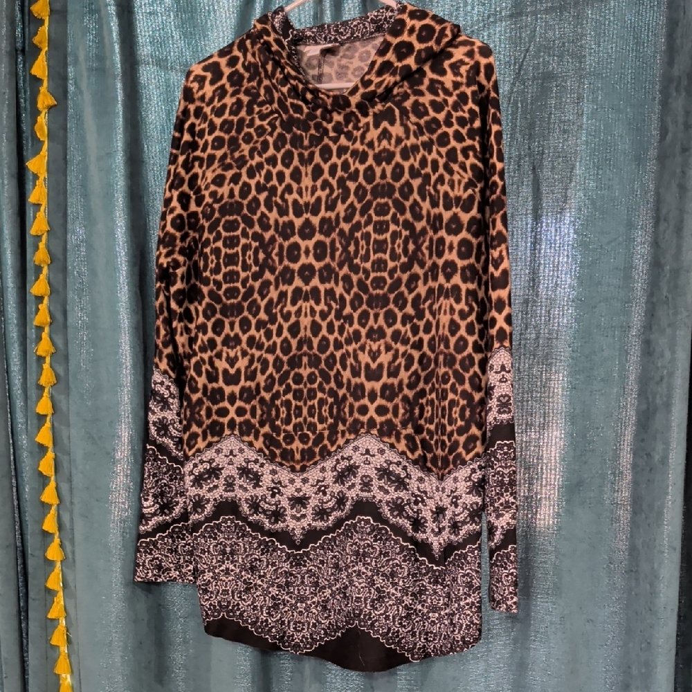 LuLaRoe Leopard Print Hoodie with Black & Tan Accents